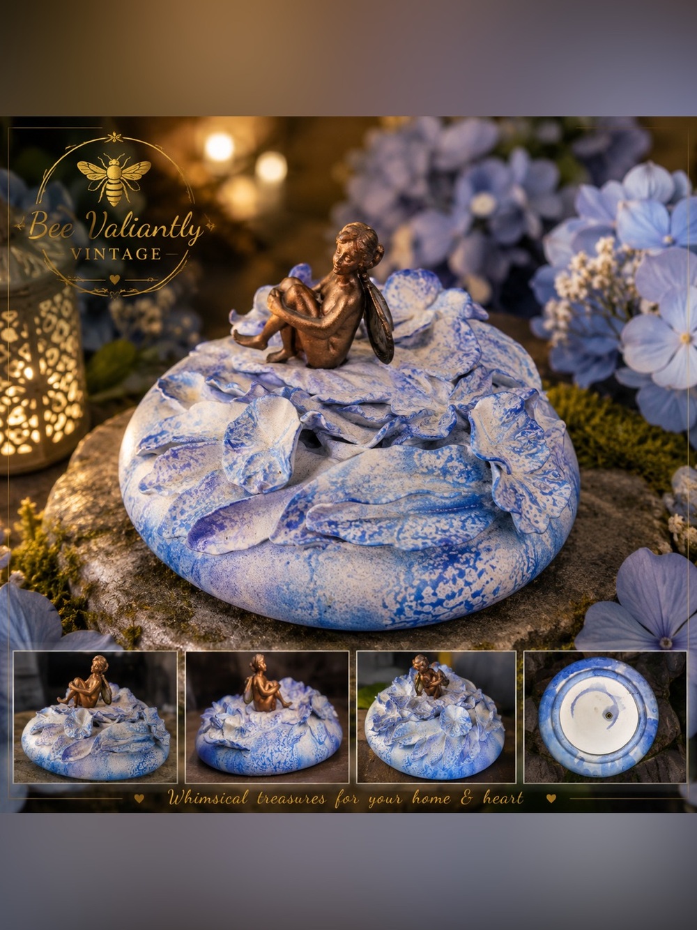 Whimsical Fairy Trinket Dish Blue Floral Ring Holder Fairycore Cottagecore Decor